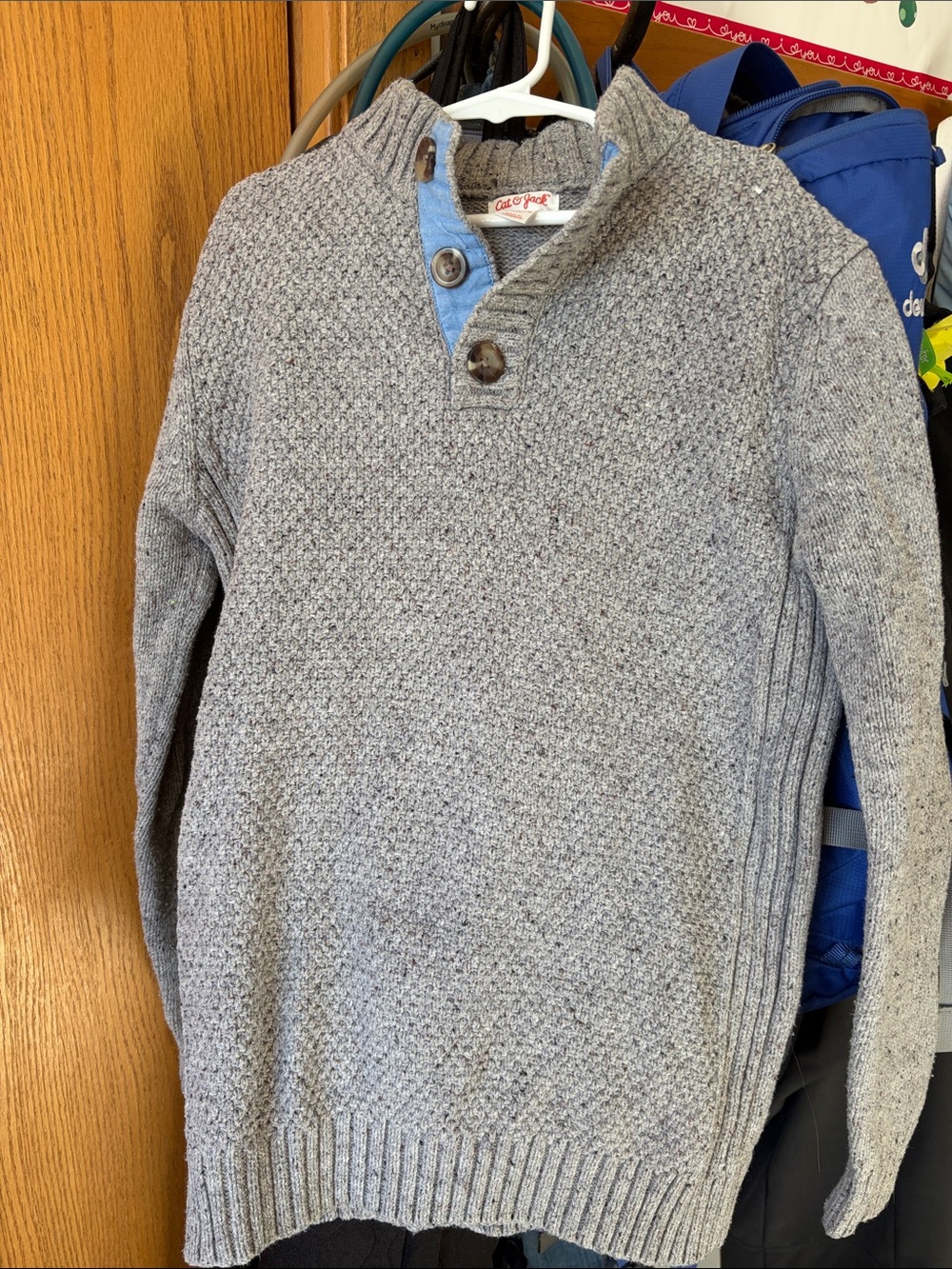 Cat & Jack Gray Knit Button-Neck Sweater with Blue Trim